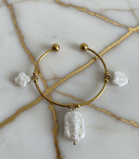 3 Pearl Charm Bangle Bracelet
